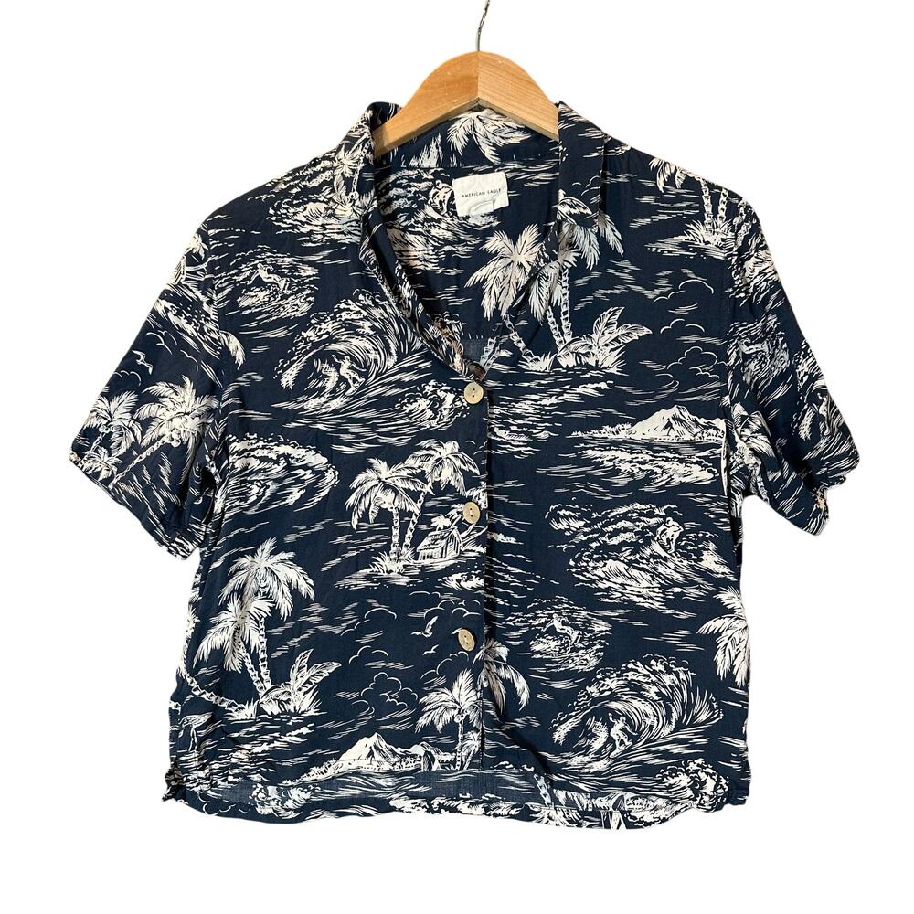 American Eagle Blue Tropical Hawaiian Button Down Shirt S Boxy Short Sleeve